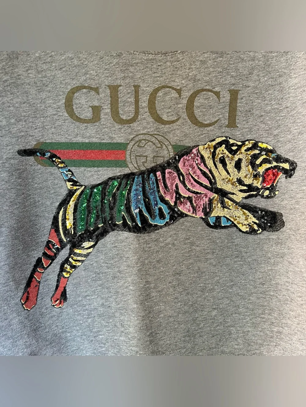 Gucci Grey Crewneck Sweater Multicolor Sequin embellish Tiger Graphic unisex XS